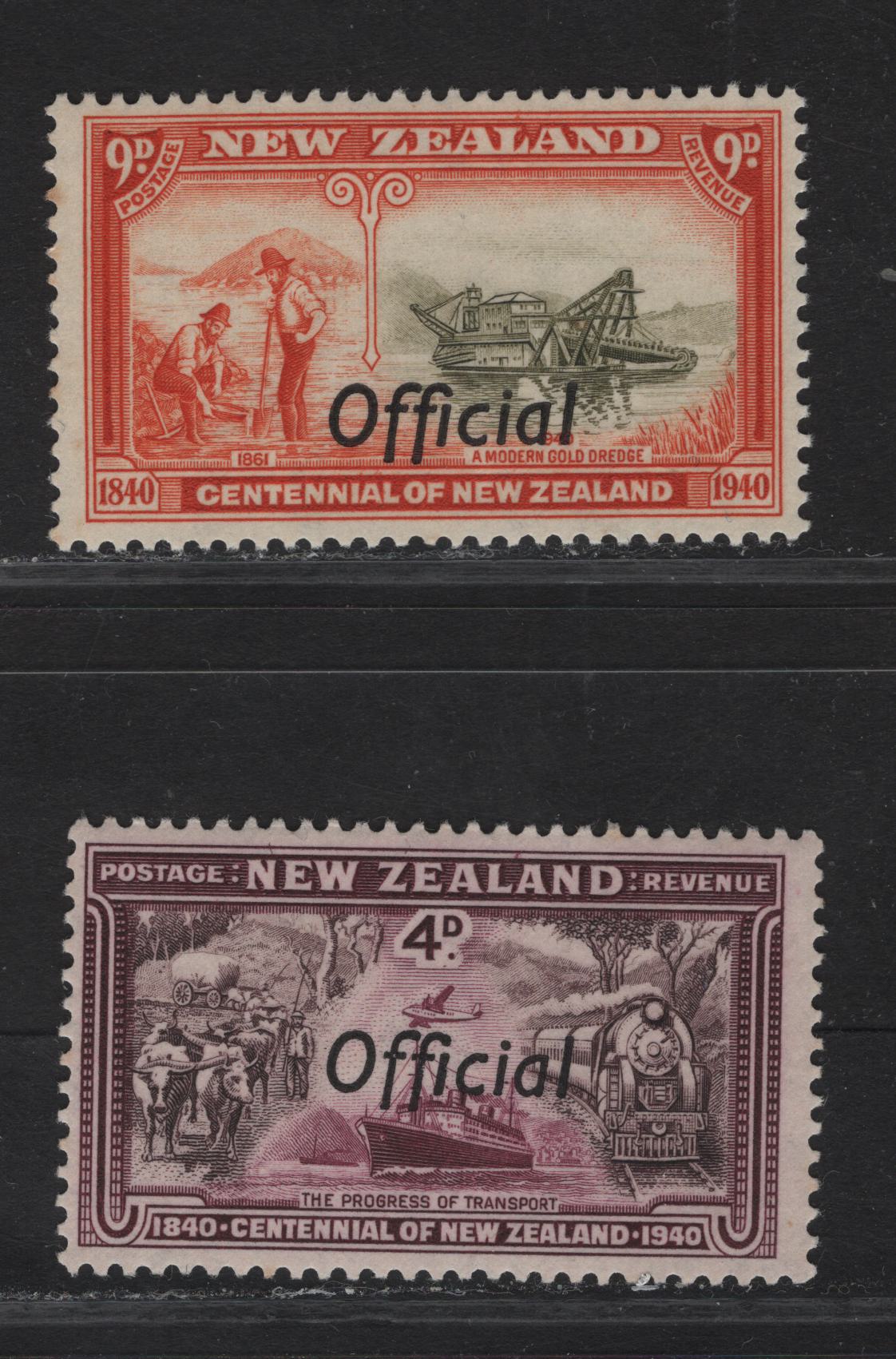 Lot 152 New Zealand SG#O147, O150 4d - 9d Chocolate & Lake - Olive Green & Vermillion Road, Rail, Sea & Air - Gold Mining, 1940 Official Overprinted Centenary Of Settlement Issue, 2 FNH Singles, Small Tone Spot On 1 Perf Of 9d.