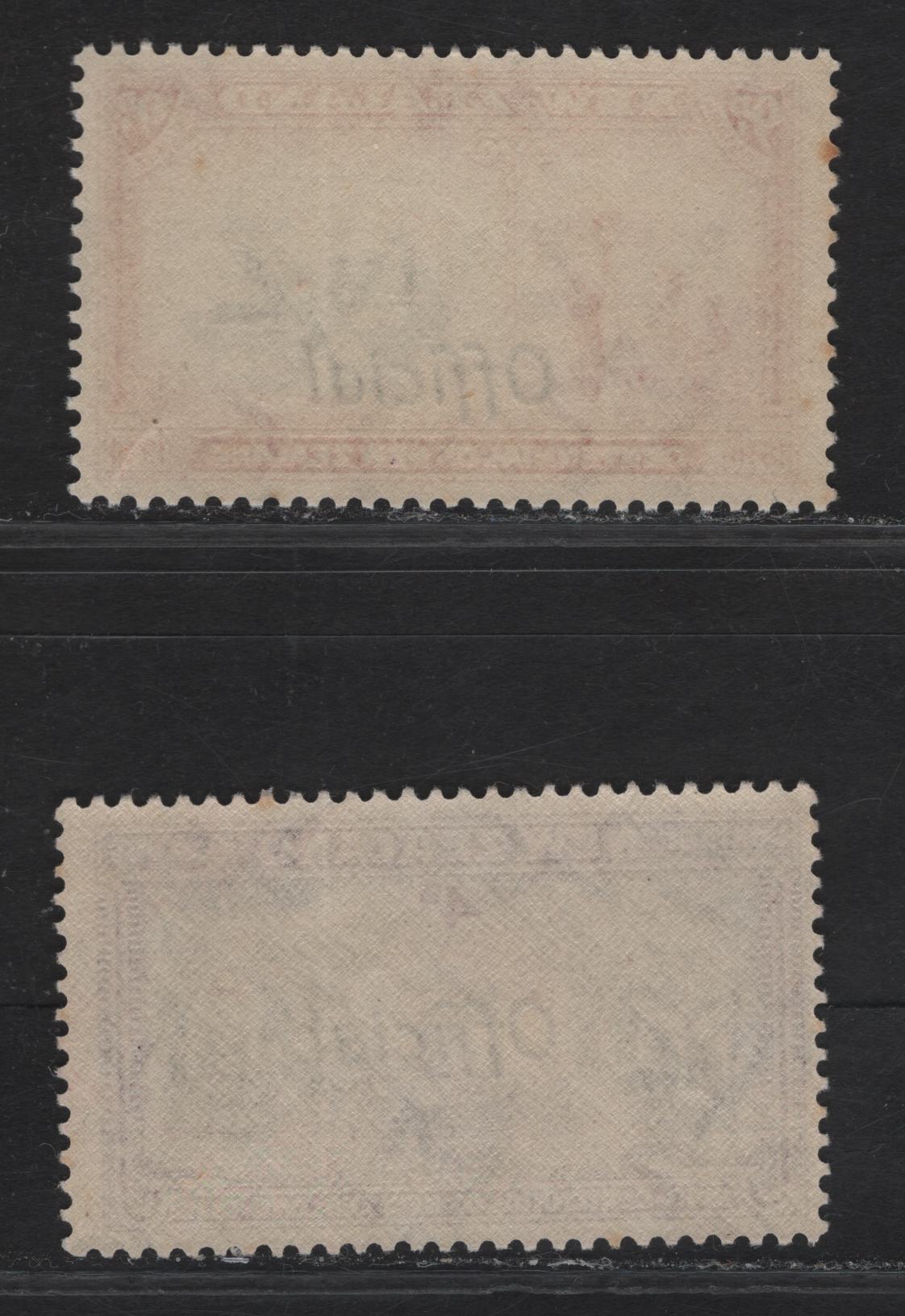Lot 152 New Zealand SG#O147, O150 4d - 9d Chocolate & Lake - Olive Green & Vermillion Road, Rail, Sea & Air - Gold Mining, 1940 Official Overprinted Centenary Of Settlement Issue, 2 FNH Singles, Small Tone Spot On 1 Perf Of 9d.