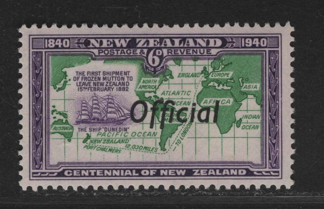 Lot 153 New Zealand SG#O148 6d Emerald Green & Violet Dunedin & Frozen Mutton Route, 1940 Official Overprinted Centenary Of Settlement Issue, A VFNH Single.