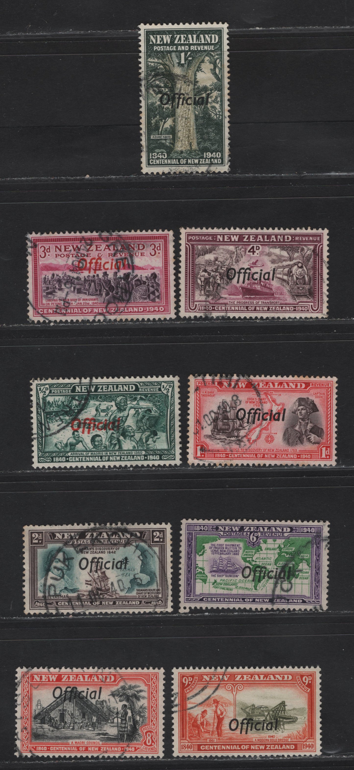 Lot 157 New Zealand SG#O141-O142, O146-O151 1/2d - 1/- Blue Green - Sage Green & Deep Green Arrival of the Maoris - Giant Kauri Tree, 1940 Official Overprinted Centenary Of Settlement Issue, 8 Very Fine Used Singles.