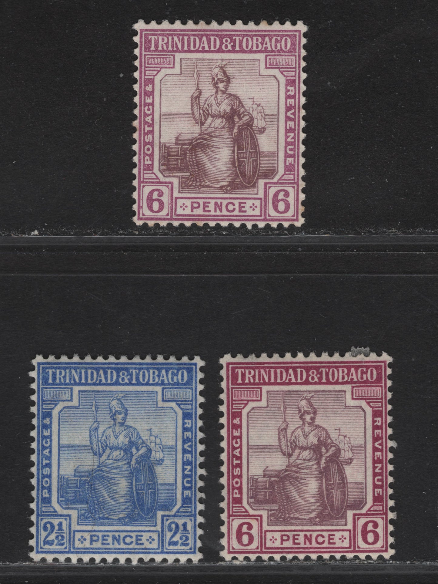 Lot 159 Trinidad & Tobago SG#151, 153, 153a 2.5d - 6d Ultramarine - Dull & Deep Purple Seated Britannia, 1913-1923 Seated Britannia Keyplates Issue, 3 VFOG Singles, Crown CA Wmk