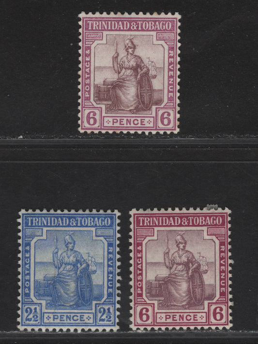 Lot 159 Trinidad & Tobago SG#151, 153, 153a 2.5d - 6d Ultramarine - Dull & Deep Purple Seated Britannia, 1913-1923 Seated Britannia Keyplates Issue, 3 VFOG Singles, Crown CA Wmk