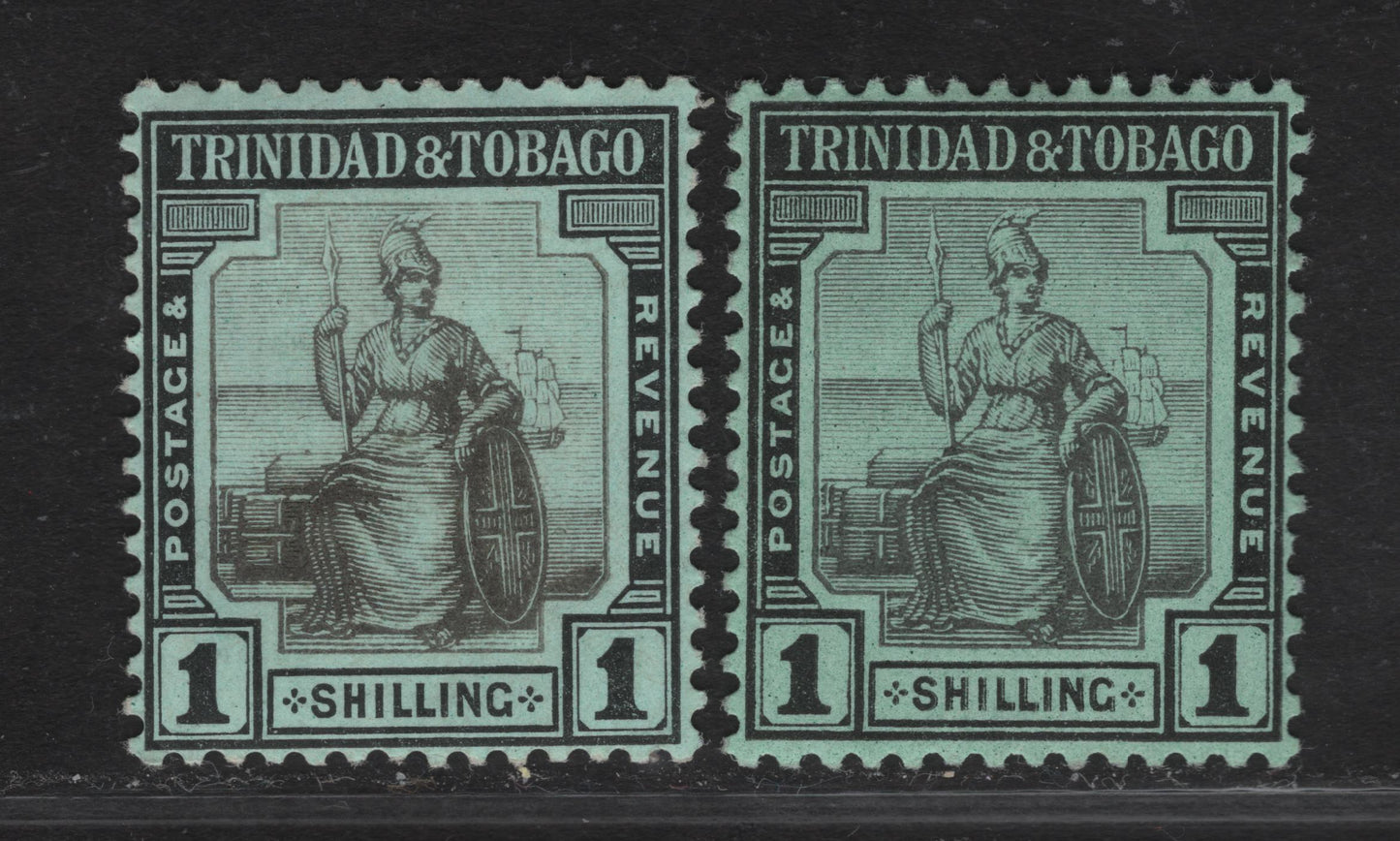 Lot 160 Trinidad & Tobago SG#154, 154b 1/- Black on Green - Black On Blue Green Seated Britannia, 1913-1923 Seated Britannia Keyplates Issue, 2 VFOG Singles