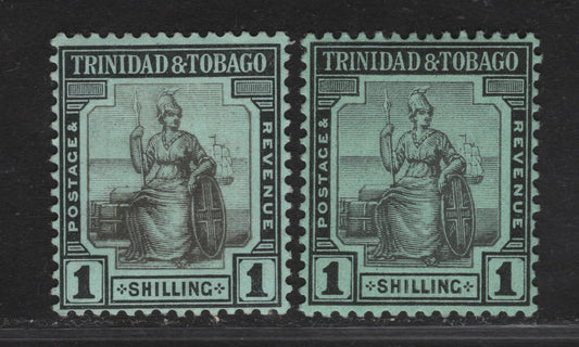 Lot 160 Trinidad & Tobago SG#154, 154b 1/- Black on Green - Black On Blue Green Seated Britannia, 1913-1923 Seated Britannia Keyplates Issue, 2 VFOG Singles