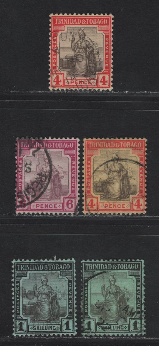 Lot 161 Trinidad & Tobago SG#152,b, 153-154,a 4d - 1/- Black & Red on Yellow - Black on Green Seated Britannia, 1913-1923 Seated Britannia Keyplates Issue, 5 Fine/Very Fine Used Singles, Multiple Crown CA Wmk