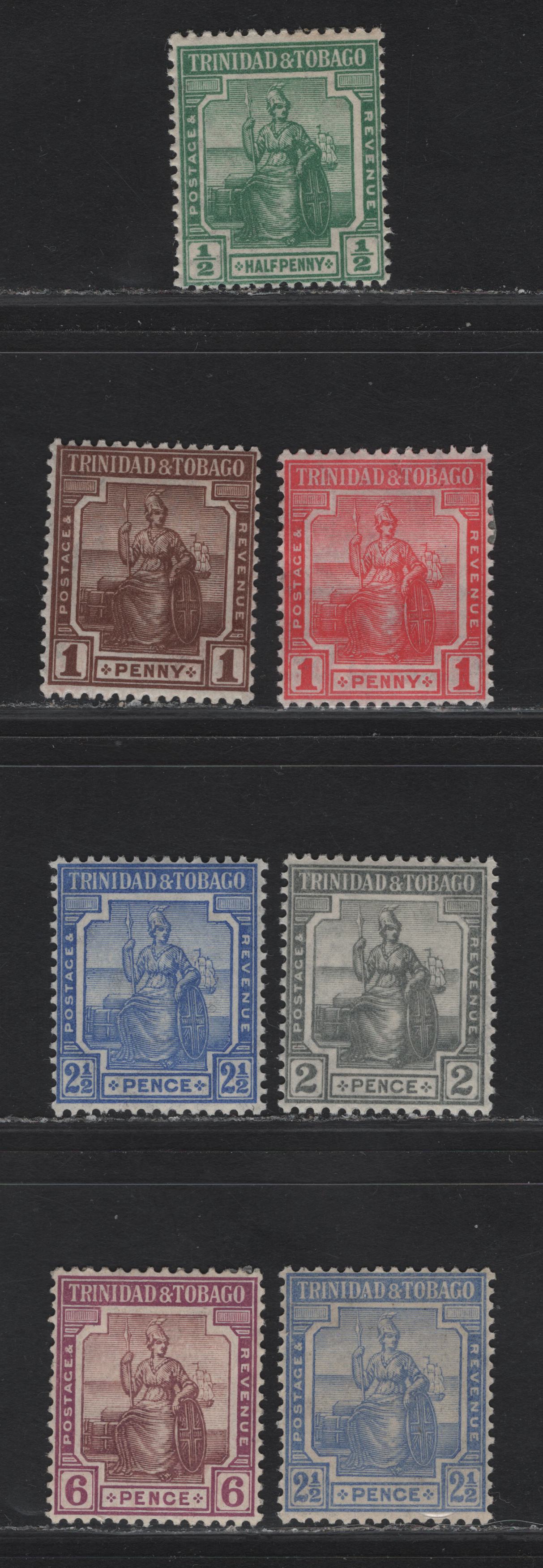 Lot 162 Trinidad & Tobago SG#206-210, 212 1/2d - 6d Green - Dull & Bright Purple Seated Britannia, 1921-1922 Seated Britannia Keyplates Issue, 7 F/VFOG Singles, Script CA Wmk, Includes 2 Shades Of 2.5d Bright Blue