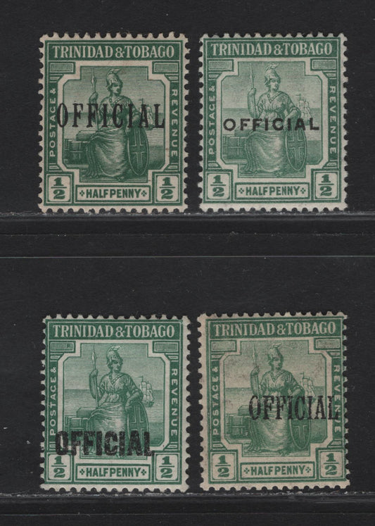 Lot 163 Trinidad & Tobago SG#O12-O14 1/2d Green Seated Britannia, 1913-1916 Official Overprinted Seated Britannia Issue, 3 F/VFOG Singles