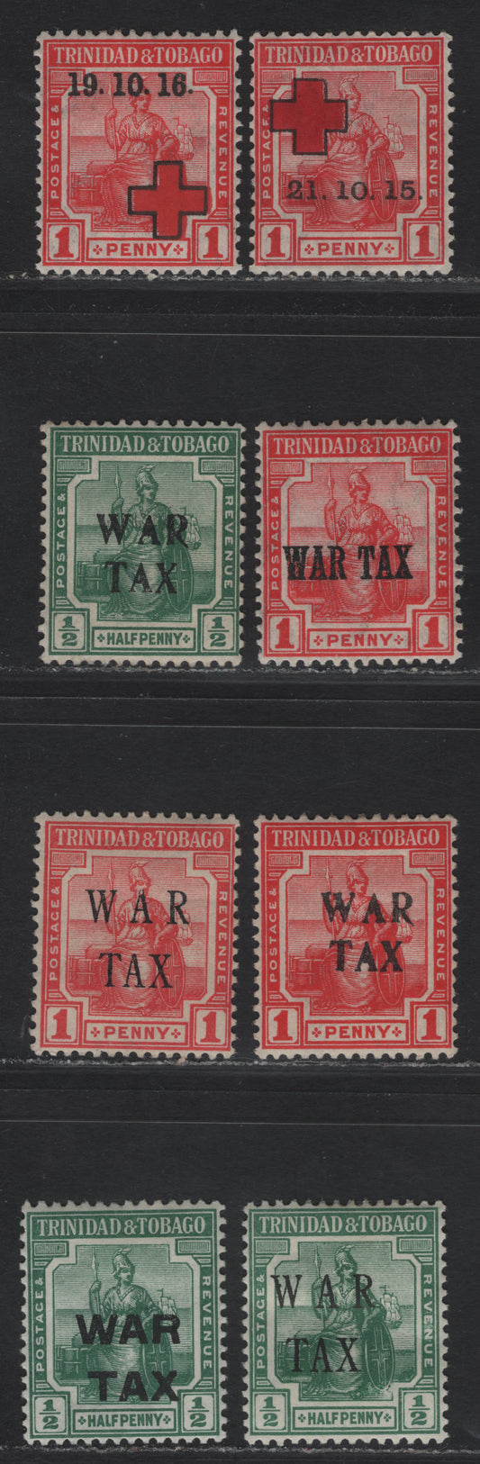 Lot 165 Trinidad & Tobago SG#174-180, 181a 1d - 1/2d Red - Deep Green Seated Britannia, 1915-1917 War Tax Overprinted Issue, 8 F/VFOG Singles