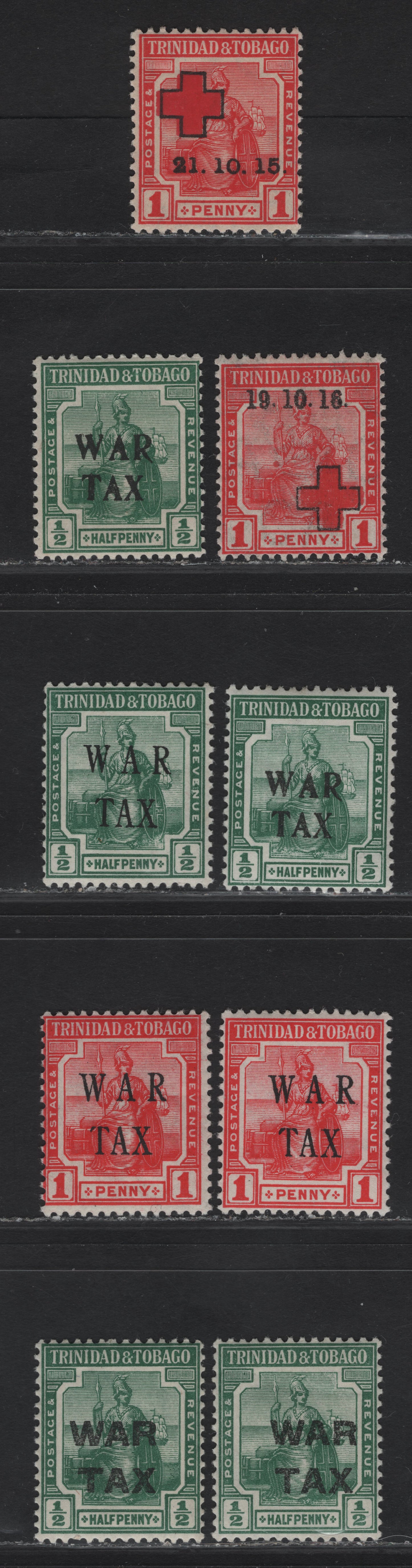 Lot 166 Trinidad & Tobago SG#174-175, 177, 179b, 180, 181a 1d - 1/2d Red - Deep Green Seated Britannia, 1915-1917 War Tax Overprinted Issue, 6 F/VFNH Singles