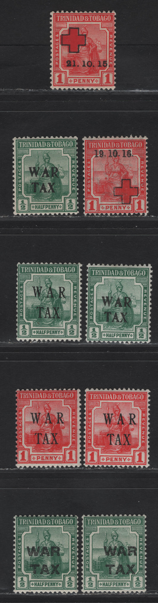 Lot 166 Trinidad & Tobago SG#174-175, 177, 179b, 180, 181a 1d - 1/2d Red - Deep Green Seated Britannia, 1915-1917 War Tax Overprinted Issue, 6 F/VFNH Singles