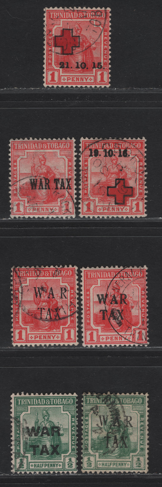 Lot 167 Trinidad & Tobago SG#174-176, 178, 179a, 180, 181a 1d - 1/2d Red - Green Seated Britannia, 1915-1917 War Tax Overprinted Issue, 7 Fine/Very Fine Used Singles