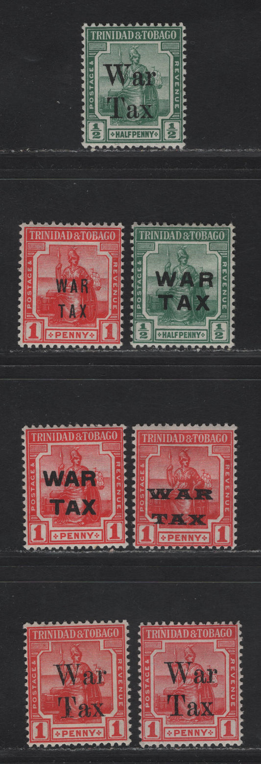 Lot 169 Trinidad & Tobago SG#182-193, 185-186, 187-188b 1d Red - Rose Red Seated Britannia, 1917-1918 War Tax Overprinted Issue, 7 F/VFOG Singles , ,