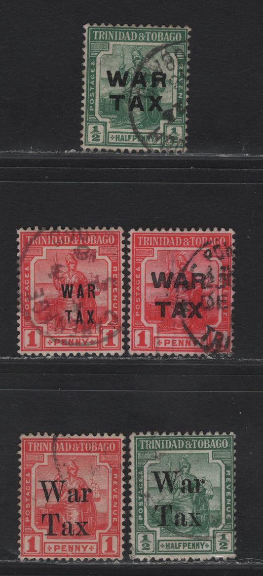 Lot 170 Trinidad & Tobago SG#182-183, 185, 187, 188b 1d Red - Rose Red Seated Britannia, 1917-1918 War Tax Overprinted Issue, 5 Fine/Very Fine Used Singles , ,