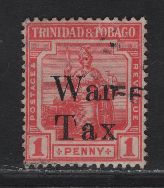 Lot 171 Trinidad & Tobago SG#189 1d Scarlet Seated Britannia, 1918 War Tax Overprinted Issue, A Very Fine Used Single, Wider Spaced War Tax Overprint, Wider Spacing Of Letters