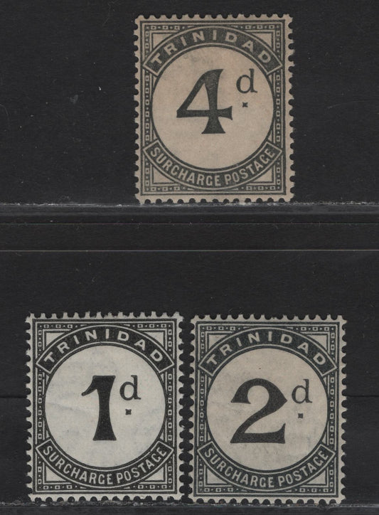 Lot 174 Trinidad & Tobago SG#D18-D19, D21 1d - 4d Black Numeral, 1923-1945 Postage Dues, 3 VFOG Singles, Script CA Wmk, 1d Black on Whiter Paper