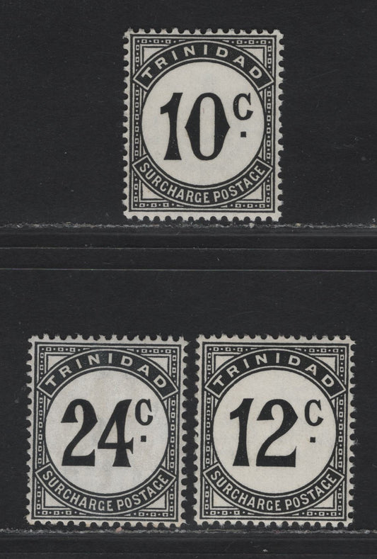 Lot 180 Trinidad & Tobago SG#D30a, D31a, D33a 10c -24c Black Numeral, 1947-1961 Postage Dues, 3 VFNH Singles, Cents Value, Chalky Paper