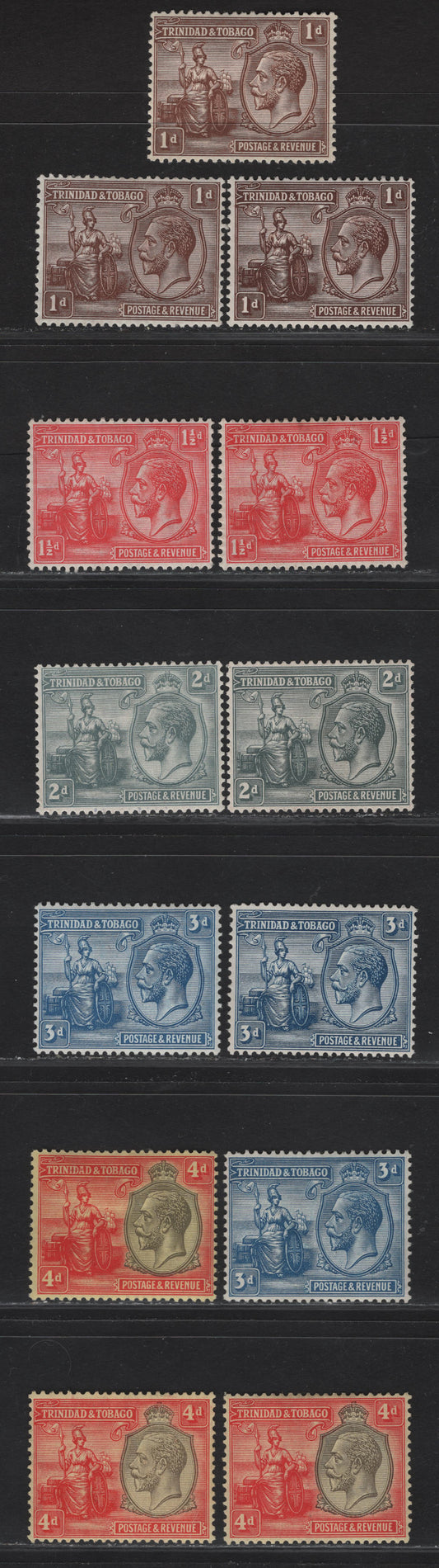 Lot 182 Trinidad & Tobago SG#219-224 1d - 4d Brown - Black & Red on Pale Yellow King George V, 1922-1928 KGV Britannia Keyplates Issue, 13 VFOG Singles Up To 3 Shades Of Each Value, ,