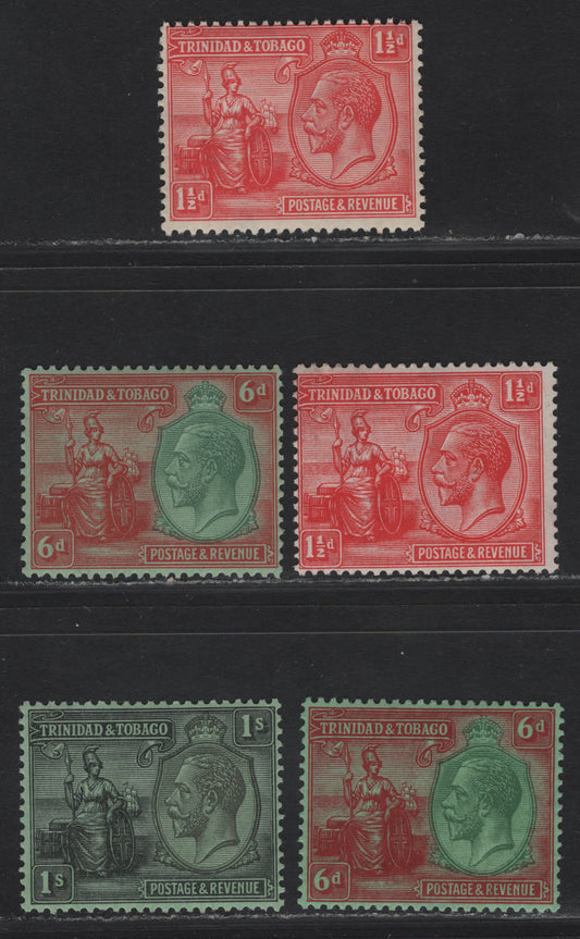 Lot 183 Trinidad & Tobago SG#220, 226-227 1/2d - 1/- Bright Rose - Black On Yellow Green King George V, 1922-1928 KGV Britannia Keyplates Issue, 5 F/VFNH Singles Additional Shades Of Both 1/2d & 6d, ,