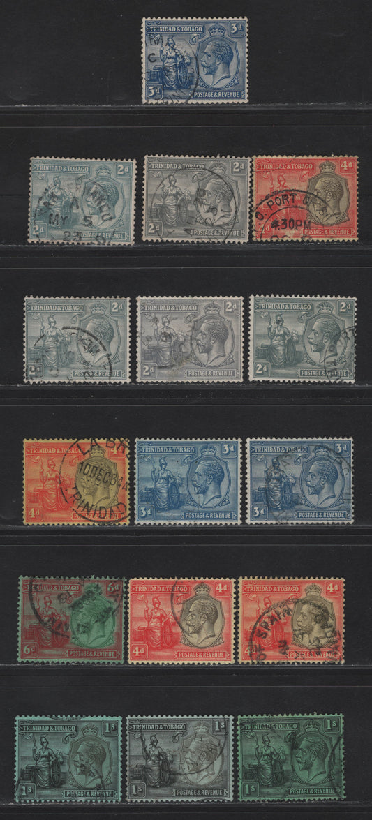 Lot 184 Trinidad & Tobago SG#222-224, 226-227 2d - 1/- Gray - Black on Green King George V, 1922-1928 KGV Britannia Keyplates Issue, 5 Fine/Very Fine Used Singles, Multitude Of Shade Variations, None Of Which Are Listed In Gibbons
