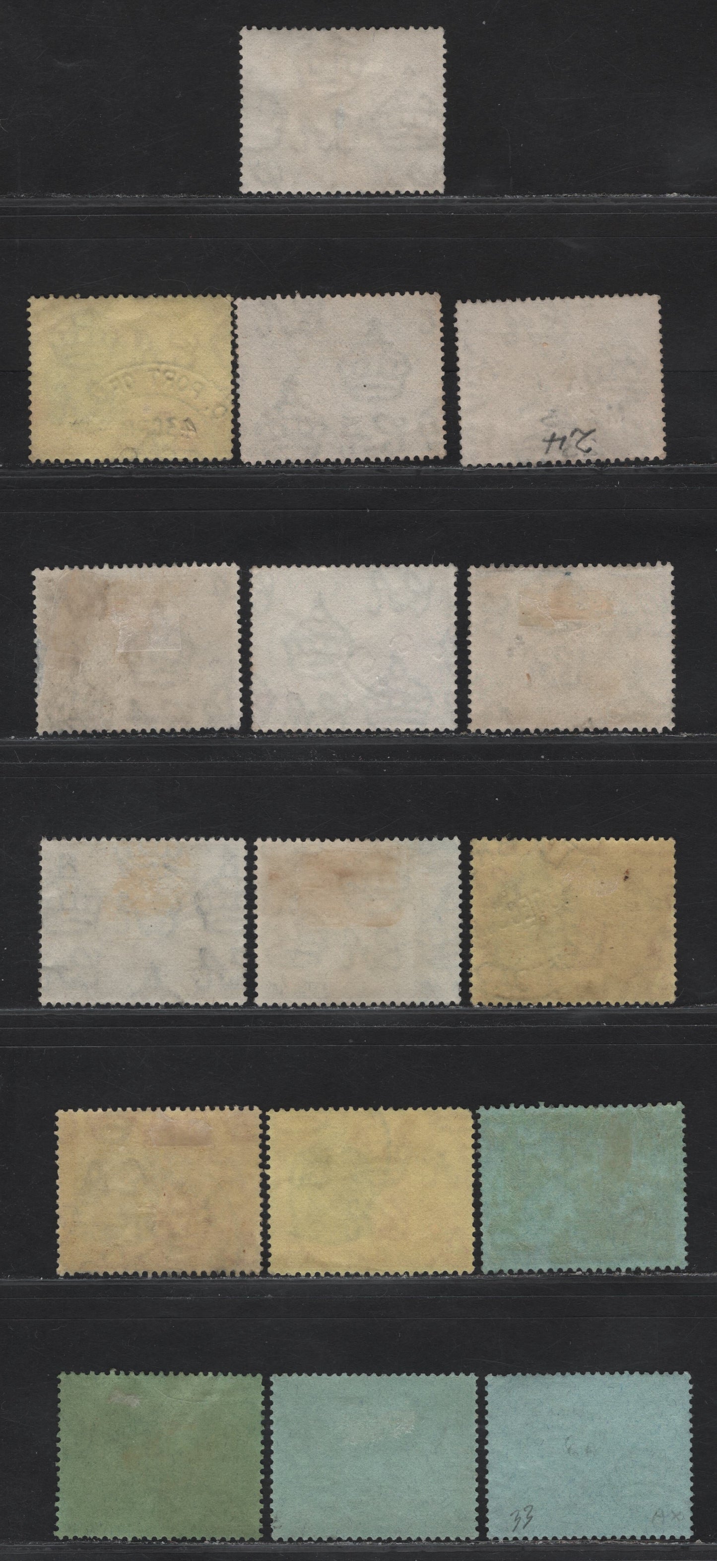 Lot 184 Trinidad & Tobago SG#222-224, 226-227 2d - 1/- Gray - Black on Green King George V, 1922-1928 KGV Britannia Keyplates Issue, 5 Fine/Very Fine Used Singles, Multitude Of Shade Variations, None Of Which Are Listed In Gibbons