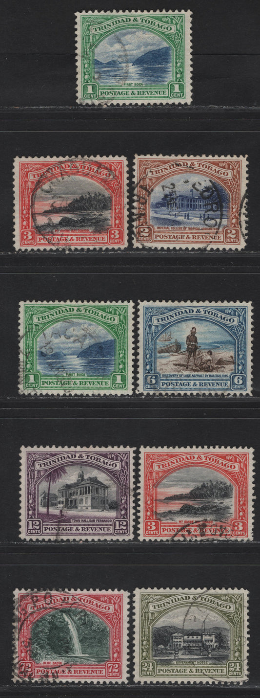 Lot 187 Trinidad & Tobago SG#230-233, 230a-231a, 235-236, 238 1c - 72c Blue & Green - Myrtle Green & Carmine First Boca - Blue Basin, 1935-1936 Pictorial Issue, 8 Very Fine Used Singles, Line Perf 12 & Comb Perf 12.5 On 1c & 3c