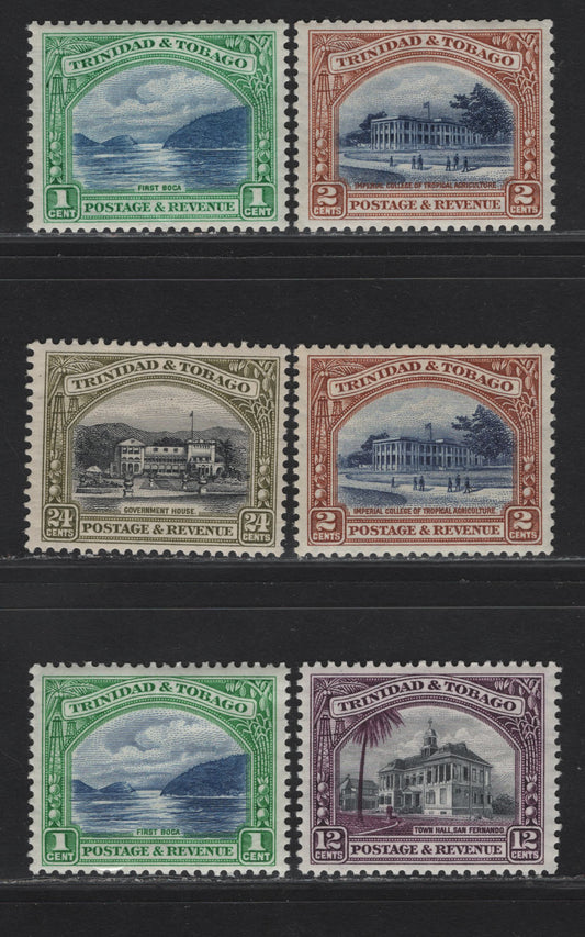 Lot 188 Trinidad & Tobago SG#230a, 231z, 235a, 236a 1c - 24c Blue & Emerald - Black & Olive Green First Boca - Government House, 1935-1936 Pictorial Issue, 6 VFOG Singles, Includes Two Different Shades Each of The 2c