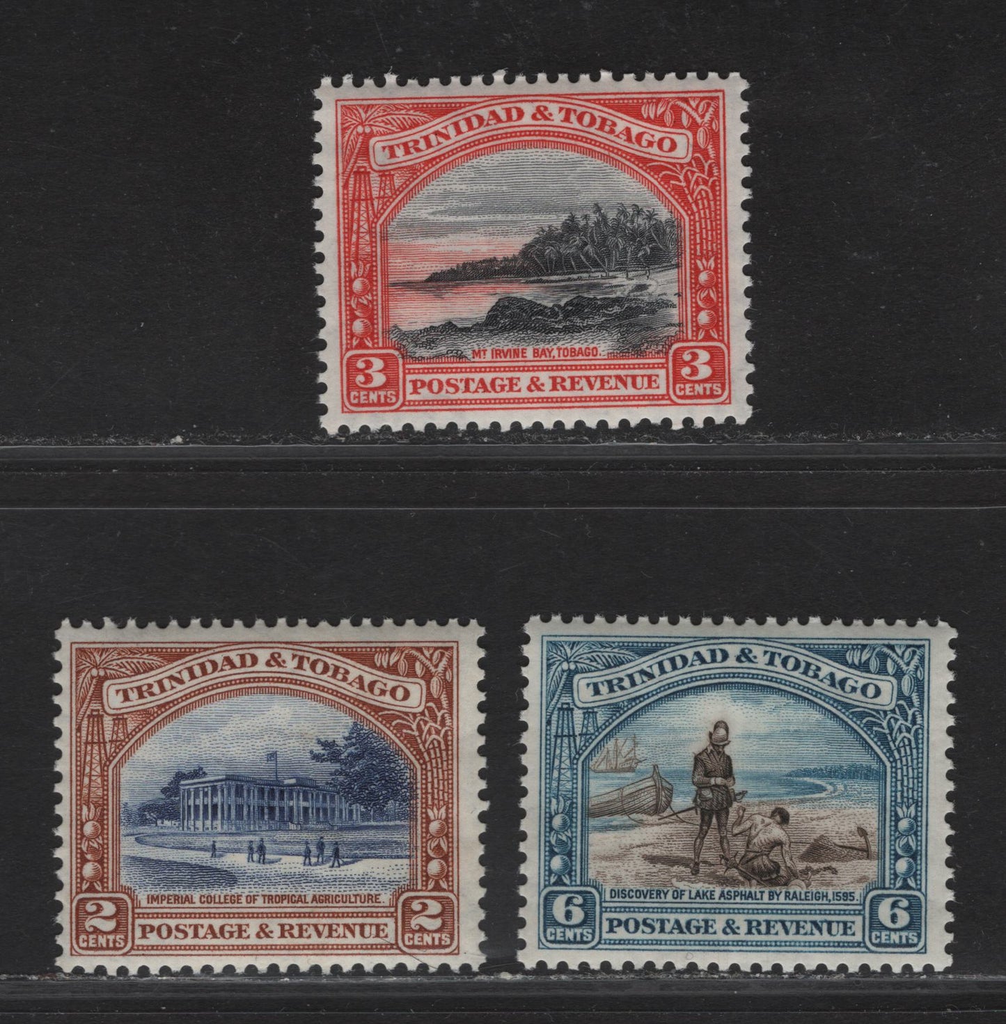 Lot 190 Trinidad & Tobago SG#231a, 232a, 233a 2c - 6c Blue & Yellow Brown - Sepia & Blue Imperial College - Discovery of Lake Asphalt, 1935-1936 Pictorial Issue, 3 F/VFNH Singles, Comb perf 12.5