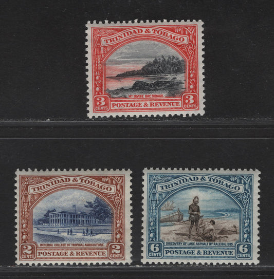 Lot 190 Trinidad & Tobago SG#231a, 232a, 233a 2c - 6c Blue & Yellow Brown - Sepia & Blue Imperial College - Discovery of Lake Asphalt, 1935-1936 Pictorial Issue, 3 F/VFNH Singles, Comb perf 12.5