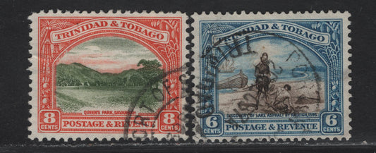 Lot 192 Trinidad & Tobago SG#233a, 234 6c - 8c Sepia & Blue - Orange & Sage Green Discovery of Lake Asphalt - Queen's Park Savannah, 1935-1936 Pictorial Issue, 2 Very Fine Used Singles, Line Perf 12 & Comb Perf 12.5