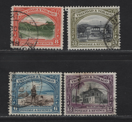 Lot 193 Trinidad & Tobago SG#233a, 234, 235a, 236a 3c - 24c Sepia & Blue - Black & Olive Green Discovery of Lake Asphalt - Government House, 1935-1936 Pictorial Issue, 4 Fine Used Singles, Line Perf 12 (8c) & Comb Perf 12.5