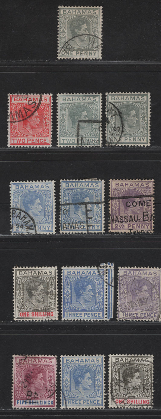 Lot 196 Bahamas SG#150a,ab, 152,b, 153,a, 154,a, 155b,c, 156b 1d - 5/- Olive Gray - Purple & Blue King George VI, 1938-1952 KGVI Keyplates Issue, 13 Fine/Very Fine Used Singles, Ordinary Impression, Includes Ordinary Paper Printings Of The 1/- & 5/-
