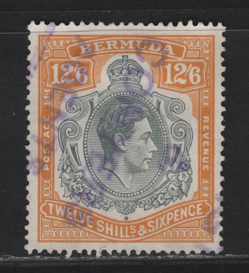 Lot 199 Bermuda SG#120b 12/6 Gray & Pale Orange King George VI, 1938-1952 KGVI Keyplates Issue, A Very Fine Used Single, Chalky Paper, Perf 14, Revenue Cancel.
