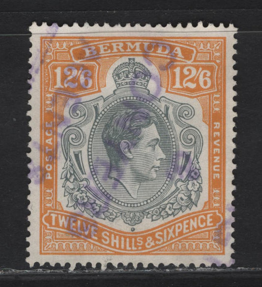 Lot 199 Bermuda SG#120b 12/6 Gray & Pale Orange King George VI, 1938-1952 KGVI Keyplates Issue, A Very Fine Used Single, Chalky Paper, Perf 14, Revenue Cancel.