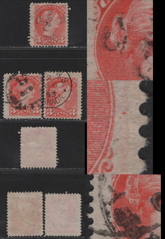 Lot 19 Canada #41 3c Bright Orange Vermillion, 1888-1897 Small Queen Issue, 3 Fine Used Singles, Early Second Ottawa Printing, Paper 2O-II, Different Medallion Dots At 3 & 9 O'Clock, All Cancelled With 1893 Dates, Perfs 12.1x12.2, 12 & 11.9x12.1.