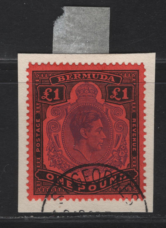 Lot 200 Bermuda SG#121e £1 Bright Violet & Black on Scarlet King George VI, 1938-1952 KGVI Keyplates Issue, A Very Fine Used Single, Perf 13, 1952 Printing Tied To Small Piece, Ordinary Paper.