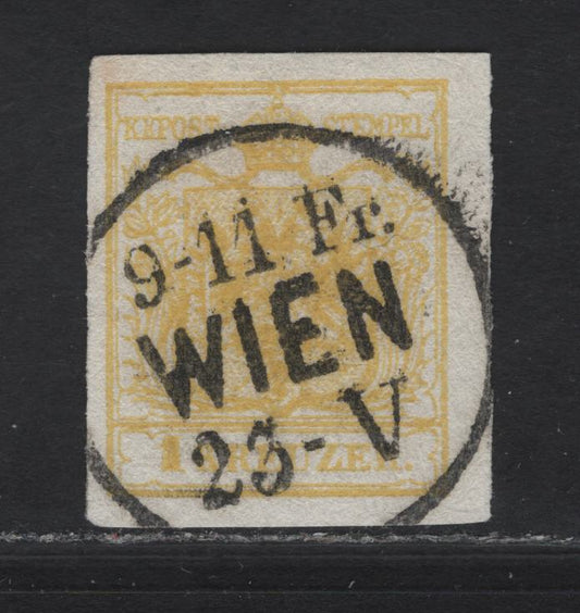 Lot 205 Austria SC#1 2kr Yellow Arms, 1850 Coat of Arms Issue, A Very Fine Used Imperf Single, Medium Paper, SON Vienna Cancel