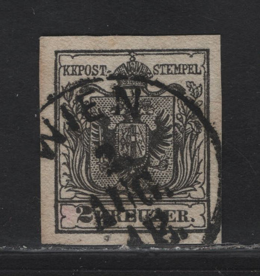 Lot 206 Austria SC#2c 2kr Black Arms, 1850 Coat of Arms Issue, A Very Fine Used Imperf Single, Medium Machine Paper, Vienna CDS Type 3