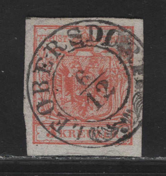 Lot 207 Austria SC#3 3kr Red Arms, 1850 Coat of Arms Issue, A Very Fine Used Imperf Single, Thin Paper, Type III, Leoberdord Cancel