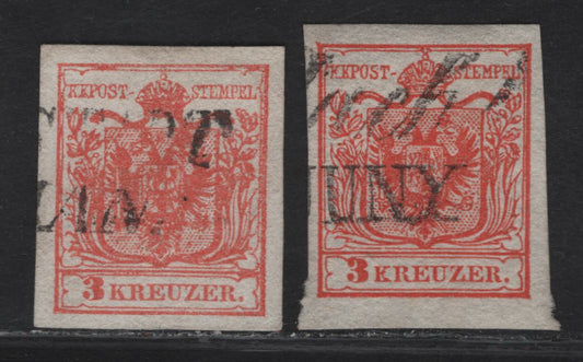Lot 207A Austria SC#3 3kr Deep Red Arms, 1850 Coat of Arms Issue, 2 Very Fine Used Imperf Singles, Medium Handmade Paper Type 1 .