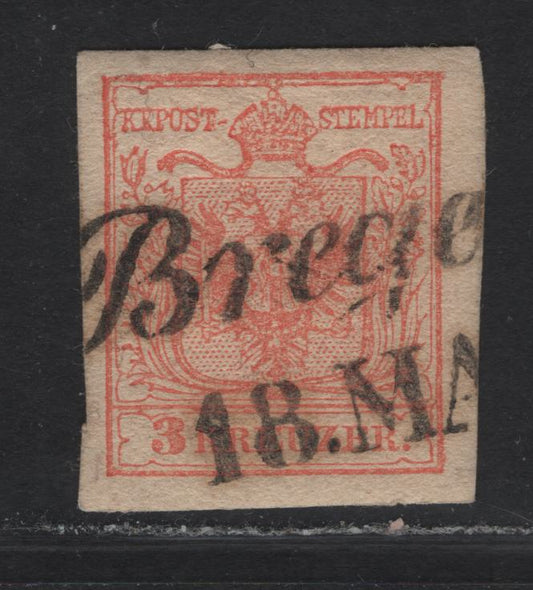 Lot 208 Austria SC#3 3kr Red Arms, 1850 Coat of Arms Issue, A Very Fine Used Imperf Single, Thick Paper, Brecie Cancel