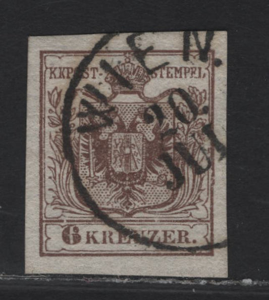 Lot 209 Austria SC#4 6kr Brown Arms, 1850 Coat of Arms Issue, A Very Fine Used Imperf Single, Medium Handmade Paper, SON Vienna CDS Type III