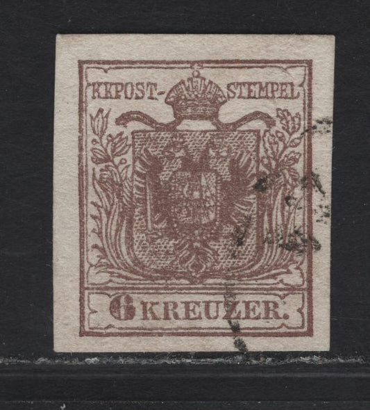 Lot 210 Austria SC#4f 6kr Dull Brown Arms, 1850 Coat of Arms Issue, A Very Fine Used Imperf Single, Type III, Thick Machine Made Paper