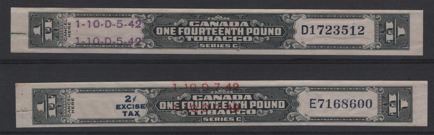 Lot 21 Canada #1/14 1b Green Numeral & Meter,  Tobacco Revenue With 2c Excise Tax Overprint, 2 Very Fine Used Singles, Usual Usage Creases & Manybe Small Tears At The Edges, Unlisted In Van Dam.