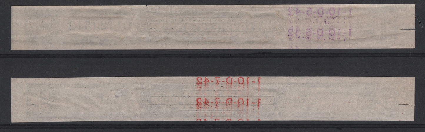 Lot 21 Canada #1/14 1b Green Numeral & Meter,  Tobacco Revenue With 2c Excise Tax Overprint, 2 Very Fine Used Singles, Usual Usage Creases & Manybe Small Tears At The Edges, Unlisted In Van Dam.