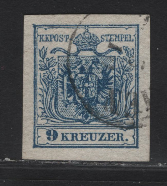Lot 211 Austria SC#5e 9kr Dark Blue Arms, 1850 Coat of Arms Issue, A GEM Imperf Single, Thin Machine Made Paper, Type 3
