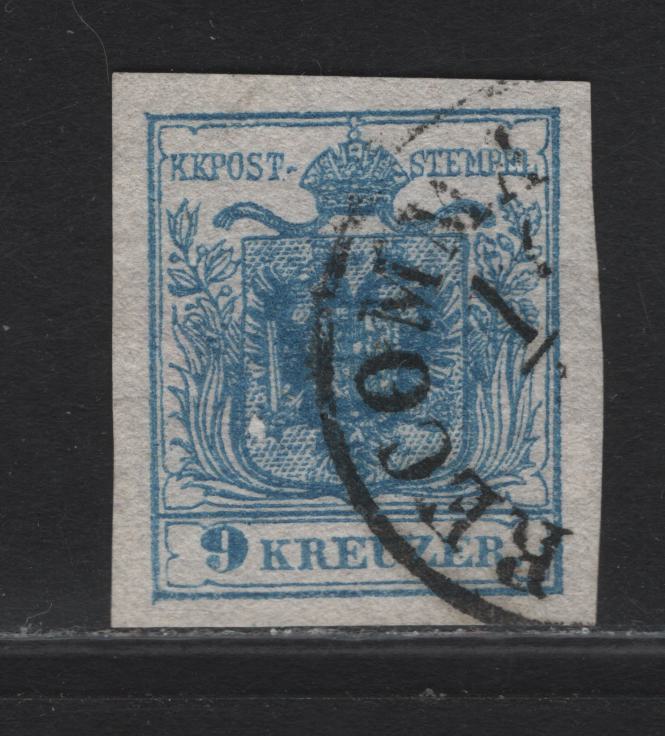 Lot 212 Austria SC#5e 9kr Blue Arms, 1850 Coat of Arms Issue, A Very Fine Used Imperf Single, Thin Machine Made Paper
