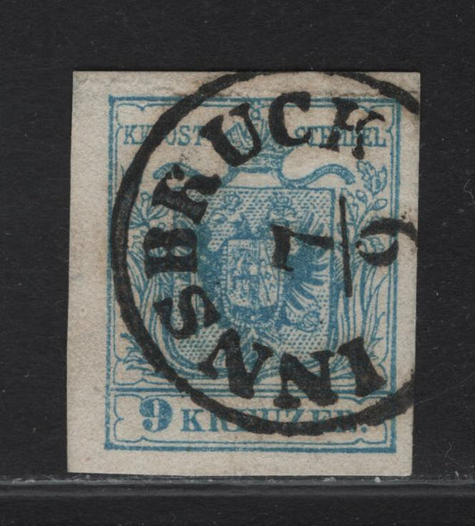 Lot 213 Austria SC#5e 9kr Pale Blue Arms, 1850 Coat of Arms Issue, A Very Fine Used Imperf Single, Machine Made Paper, Type 3, SON Imsbruek Cancel.
