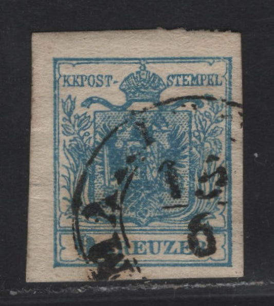 Lot 214 Austria SC#5e 9kr Blue Arms, 1850 Coat of Arms Issue, A Very Fine Used Imperf Single, Thick Machine Made Paper, Type III