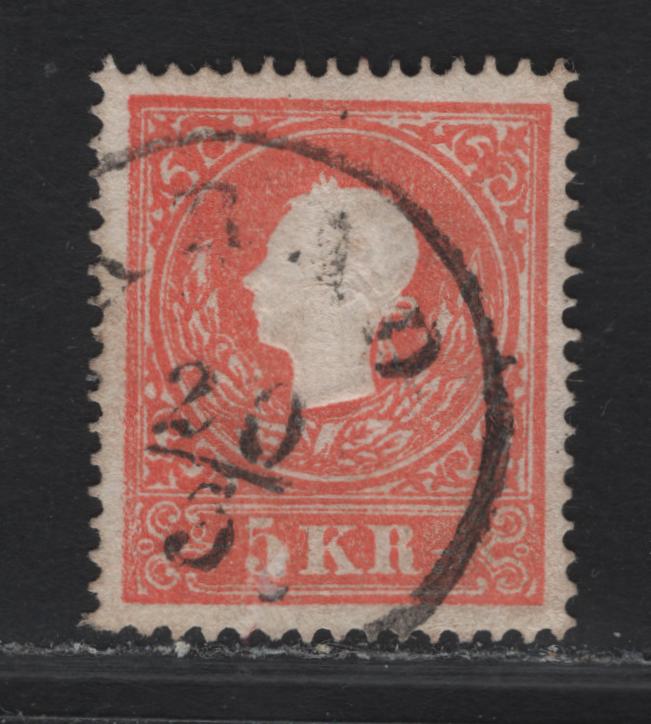 Lot 215 Austria SC#9 5kr Red Franz Josef, 1858-1859 Franz Josef Issue, A Very Fine Used Single, Type II