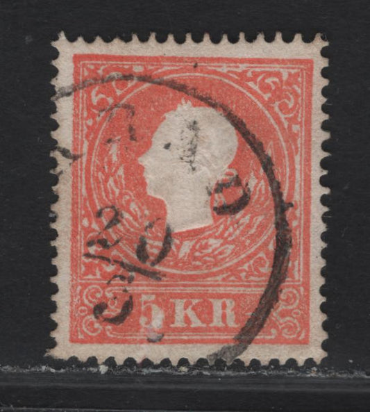 Lot 215 Austria SC#9 5kr Red Franz Josef, 1858-1859 Franz Josef Issue, A Very Fine Used Single, Type II